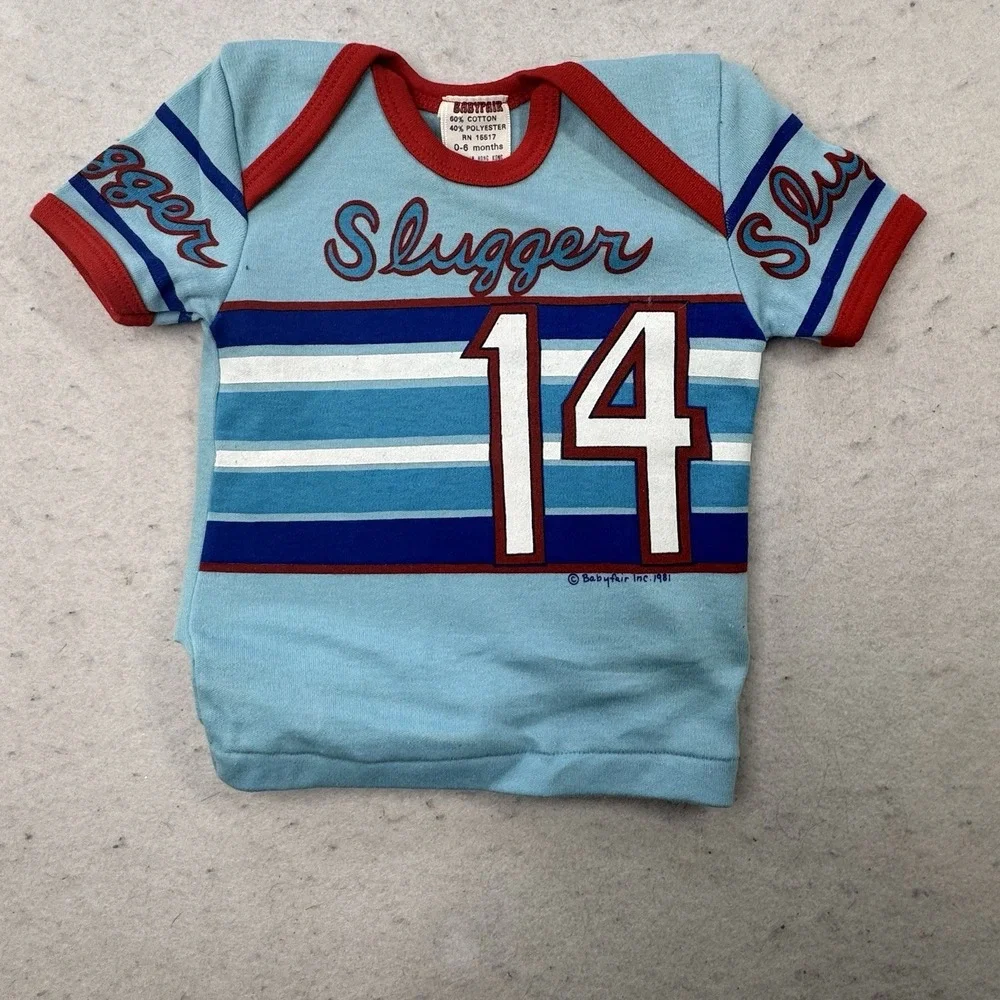 Vintage 1981 Babyfair Baby T Shirt Little Slugger Baseball Star Infant 0-6 Month